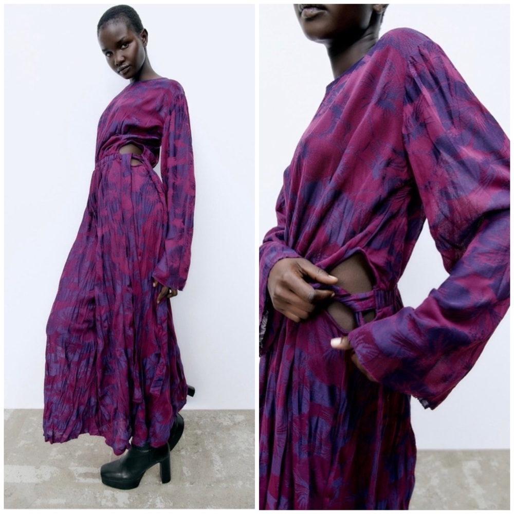 ZARA ~ Wrinkled Jacquard Floral Midi Dress Dark Maroon Cut Out